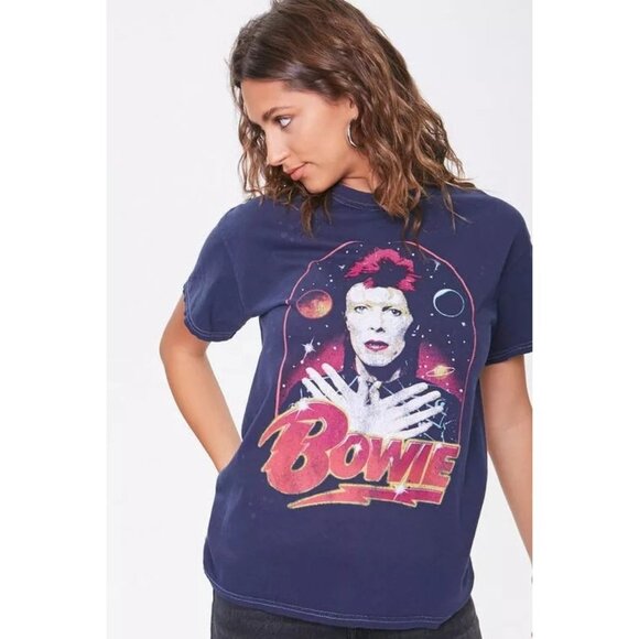 David Bowie Womens Bowie Retro Picture Vintage Style Navy Distressed Shirt - Picture 2 of 10